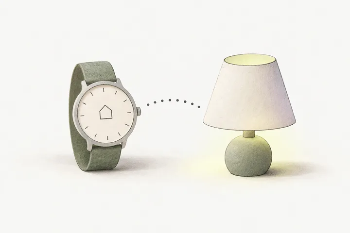 A wristwatch beside a small table lamp, with a disconnected dotted line between them and a tiny empty house outline on the watch.