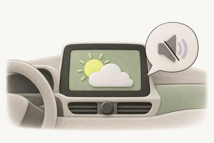 A simplified car dashboard screen shows a sun and cloud; beside it a speech bubble contains a muted speaker symbol.