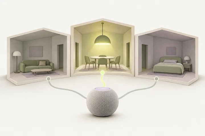 A small spherical smart speaker facing three miniature rooms; only the dining room pendant lamp is glowing, with subtle paths all leading to that one lamp.