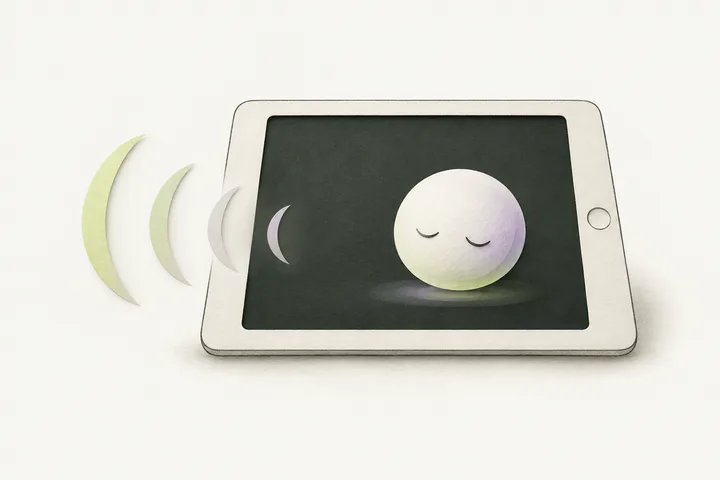 A tablet with a round home button, a pale sleeping voice orb on its dark screen and three voice ripples fading away before reaching it.