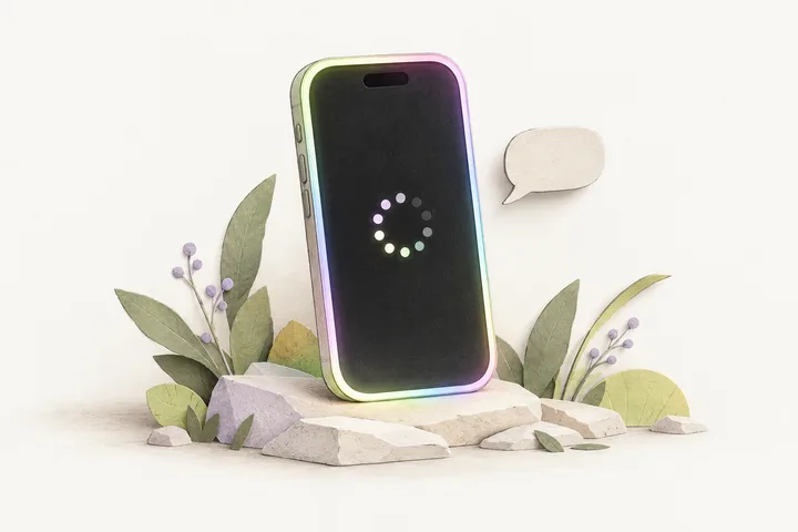 A glowing phone with a stalled loading indicator and an empty speech bubble.