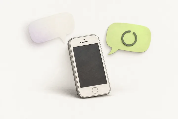An older small smartphone with round home button, two floating speech bubbles; the first pale and fading, the second holding a small disconnected circle symbol.