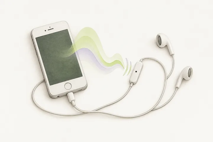 A small older smartphone with a round home button, attached wired earbuds with an inline microphone, a soft voice ripple reaching the earbud microphone.