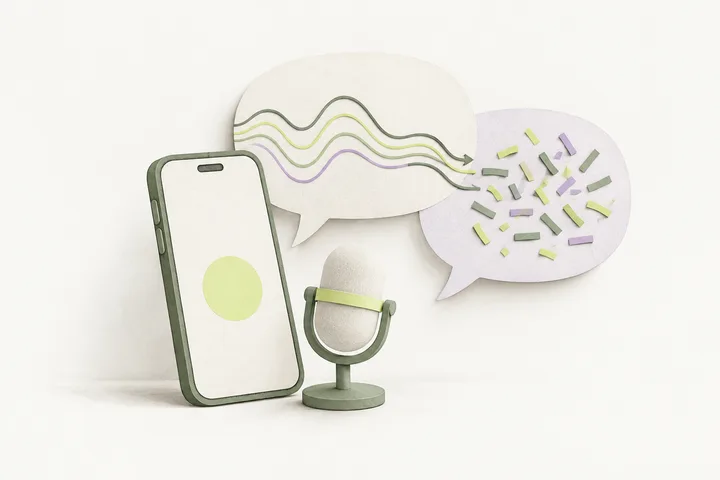 A smartphone beside a microphone and two overlapping paper speech bubbles, neat abstract lines on one rearranging into shuffled short strokes on the other.