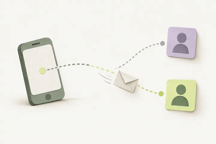 A smartphone sending a paper message along a forked dotted path toward two simple contact silhouette cards, the message following the unexpected branch.