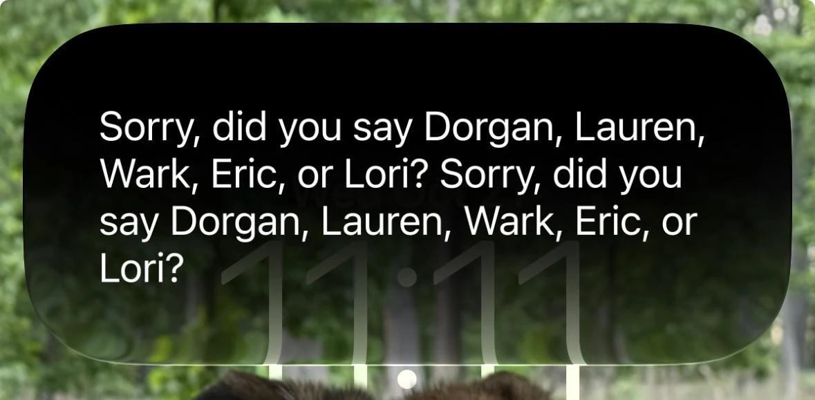 Siri repeats a question offering Dorgan, Lauren, Wark, Eric, or Lori after the poster reports asking to call Hillary.