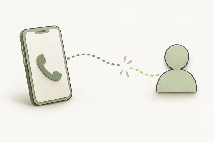 A smartphone showing a telephone handset icon, a dotted connection path that breaks halfway to a simple contact silhouette.