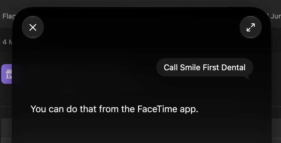 The Siri window on a Mac shows the request “Call Smile First Dental” and Siri’s reply, “You can do that from the FaceTime app.”