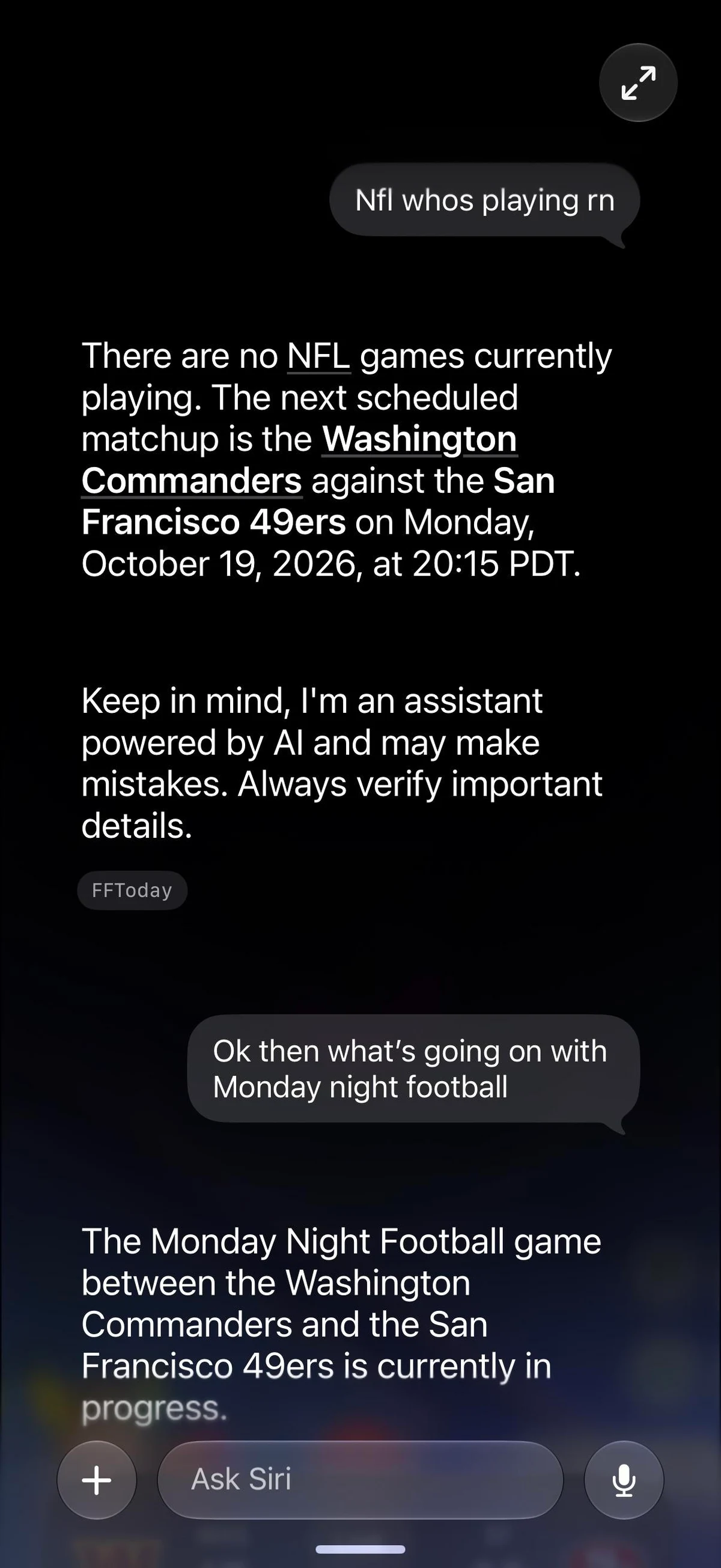 Siri first says no NFL games are playing, then says a Monday Night Football game is in progress.
