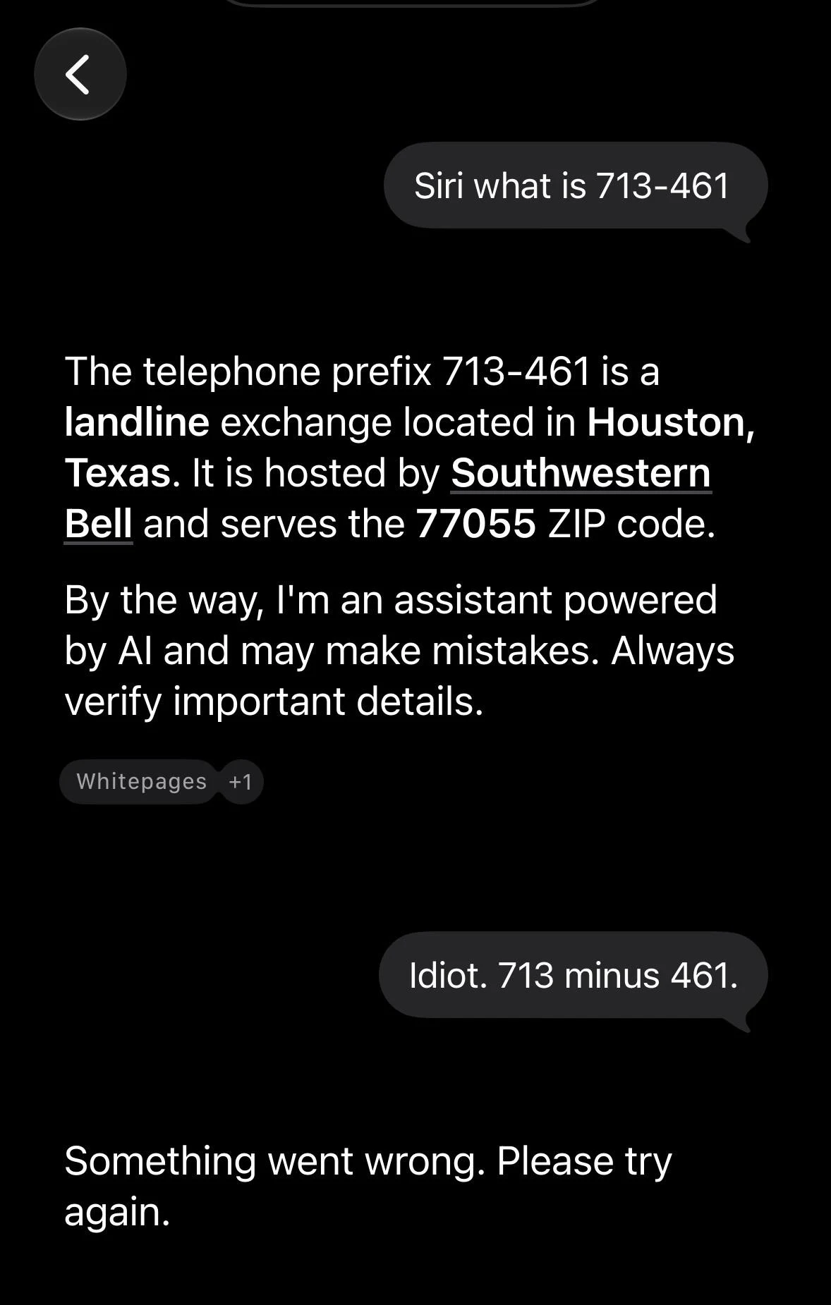 Siri answers a subtraction request with a telephone-prefix explanation, then returns an error after clarification.