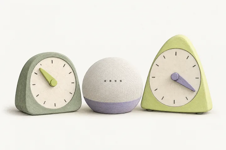A small round smart speaker beside two mismatched analog kitchen timers, their hands pointing in very different directions.