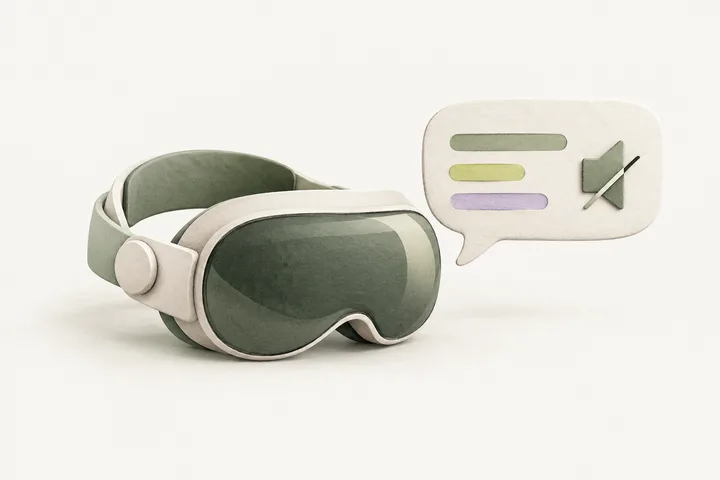 A softly sculpted spatial-computing headset beside a floating speech bubble containing abstract horizontal lines and a muted speaker symbol.